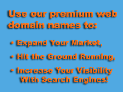Use our premium web domain names to:
  • Expand Your Market,
  • Hit the Ground Running,
  • Increase Your Visibility 
     With Search Engines!
